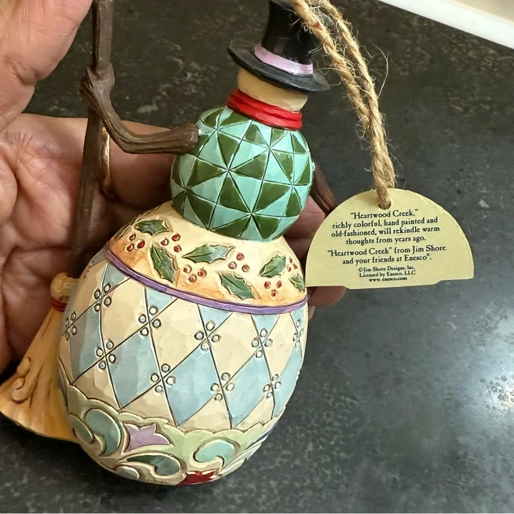 Jim Shore Snowman with top hat and broom ornament Heartwood Creek 2018